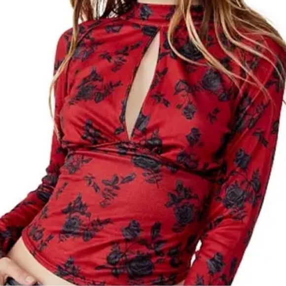 NWT Free People Dinner Party Long Sleeve S Floral Key Hole Mock Neck Retro Chic - Picture 2 of 11